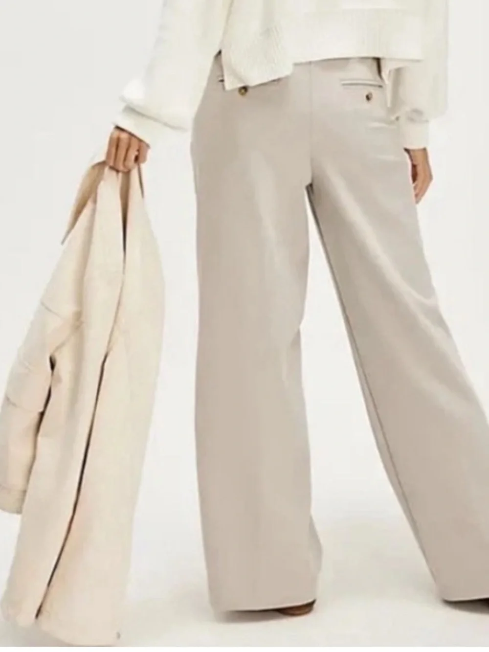 Free People Tyler Menswear Pleated Wide Leg Trousers XS Cream Off White